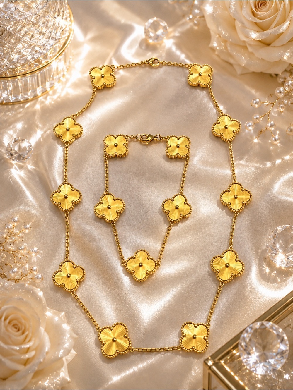 Gold 10 Station Clover Necklace & Bracelet Set